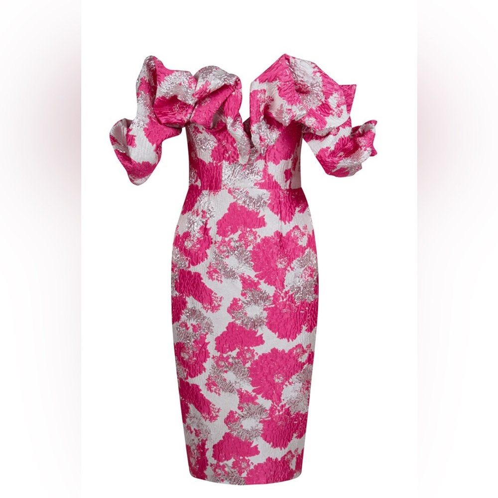 Arelia’s Dream Pink & Silver Jacquard Midi Dress With Ruffle Bardot Bodice